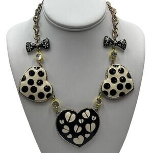 Betsey Johnson Enamel Black Heart‎ Polka Dots Bows Gold Tone Chain Necklace